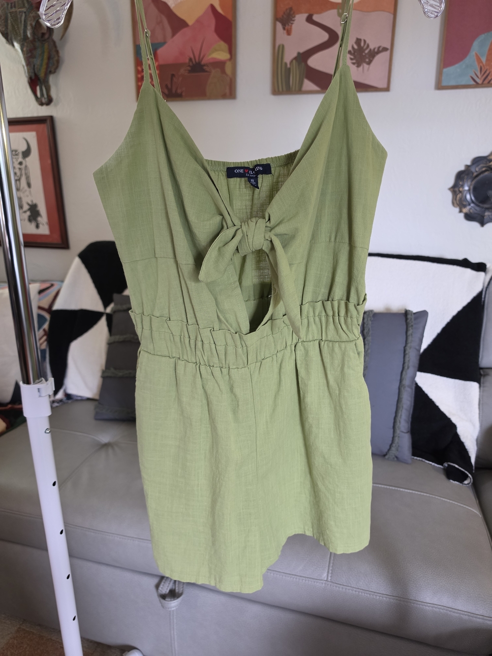 One Clothing Sage Green Tie Front Romper Spaghetti Strap Cutout Waist Size S